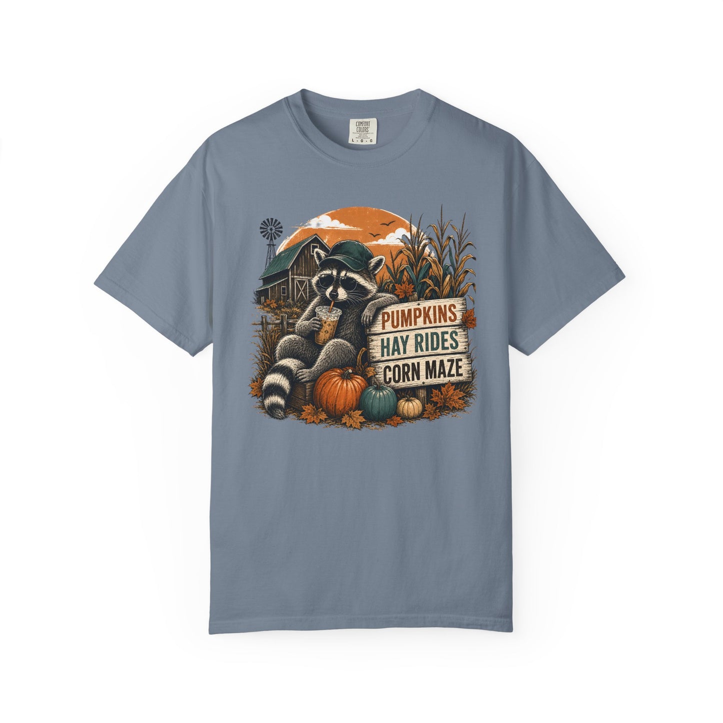 Fall Farm Tee — Raccoon Pumpkins, Hay Rides & Corn Maze Graphic T-Shirt