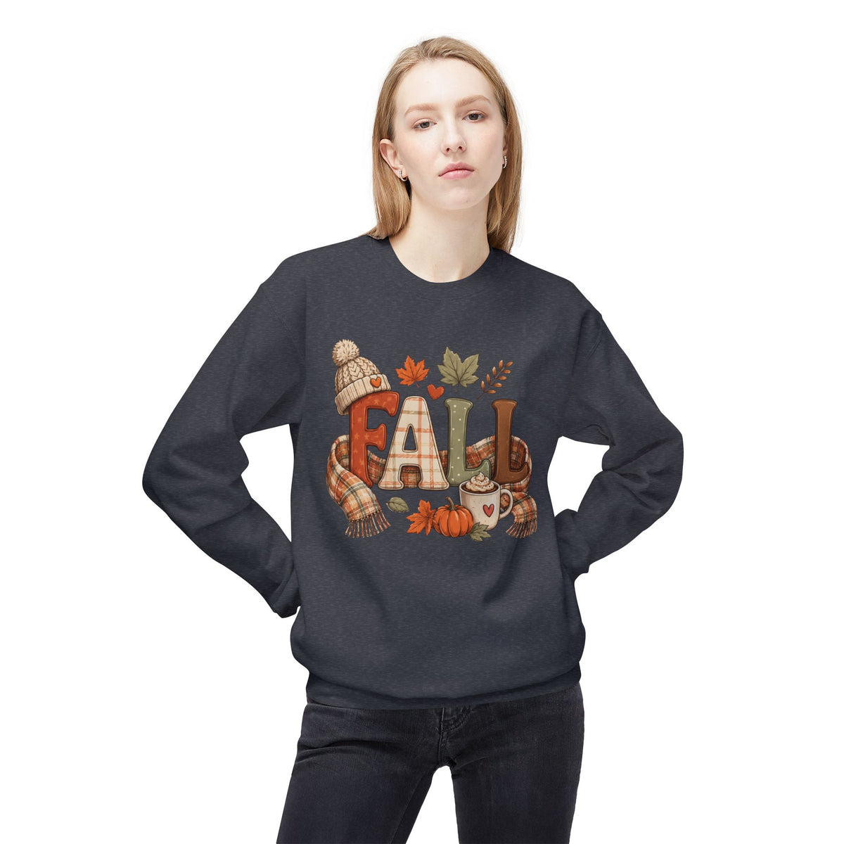 Fall Cozy Sweatshirt — Autumn Leaves, Pumpkin & Hot Cocoa Crewneck