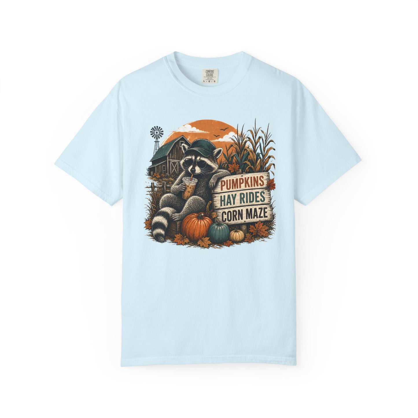 Fall Farm Tee — Raccoon Pumpkins, Hay Rides & Corn Maze Graphic T-Shirt