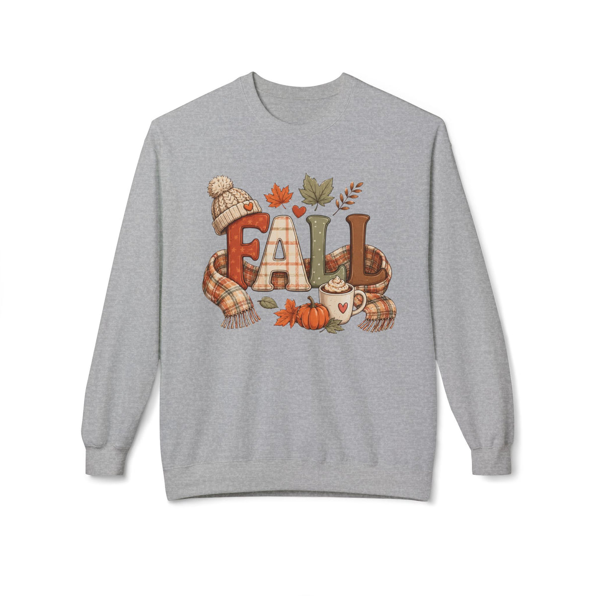 Fall Cozy Sweatshirt — Autumn Leaves, Pumpkin & Hot Cocoa Crewneck