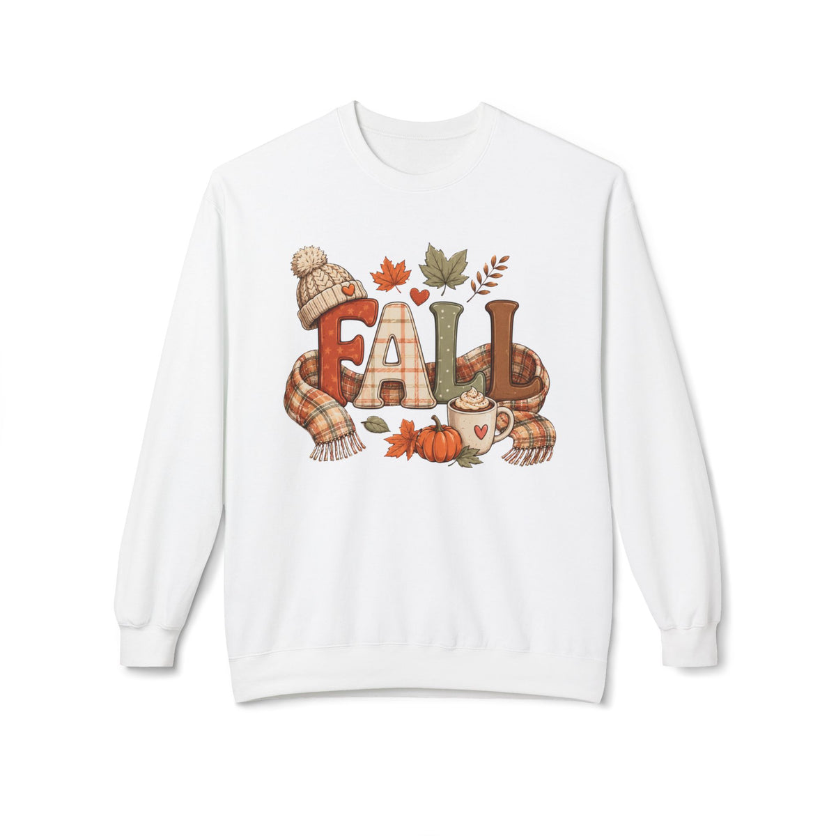 Fall Cozy Sweatshirt — Autumn Leaves, Pumpkin & Hot Cocoa Crewneck