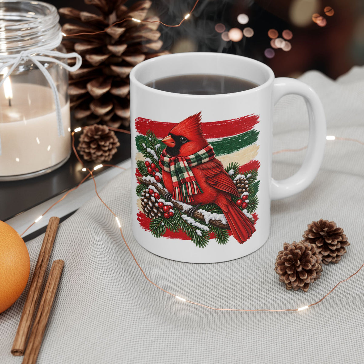 Christmas Cardinal Ceramic Mug – Festive Pinecone & Berry Holiday Coffee Cup 11oz