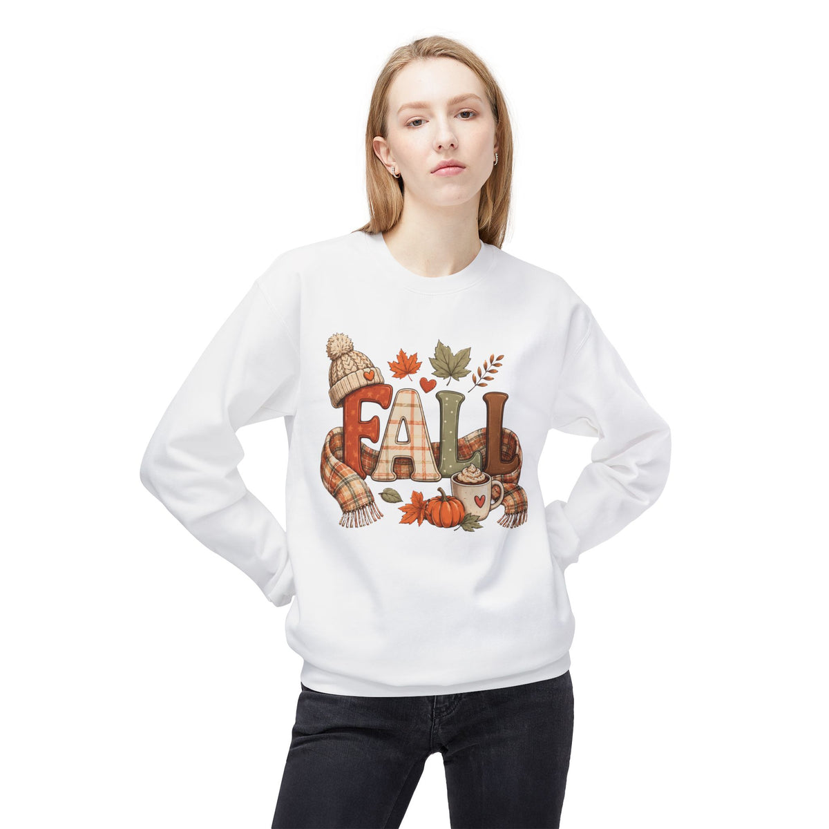 Fall Cozy Sweatshirt — Autumn Leaves, Pumpkin & Hot Cocoa Crewneck