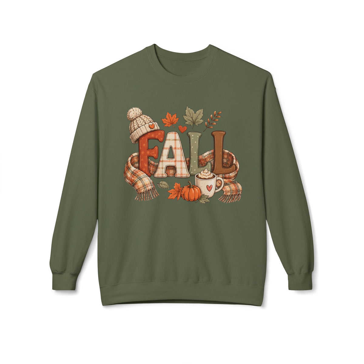 Fall Cozy Sweatshirt — Autumn Leaves, Pumpkin & Hot Cocoa Crewneck