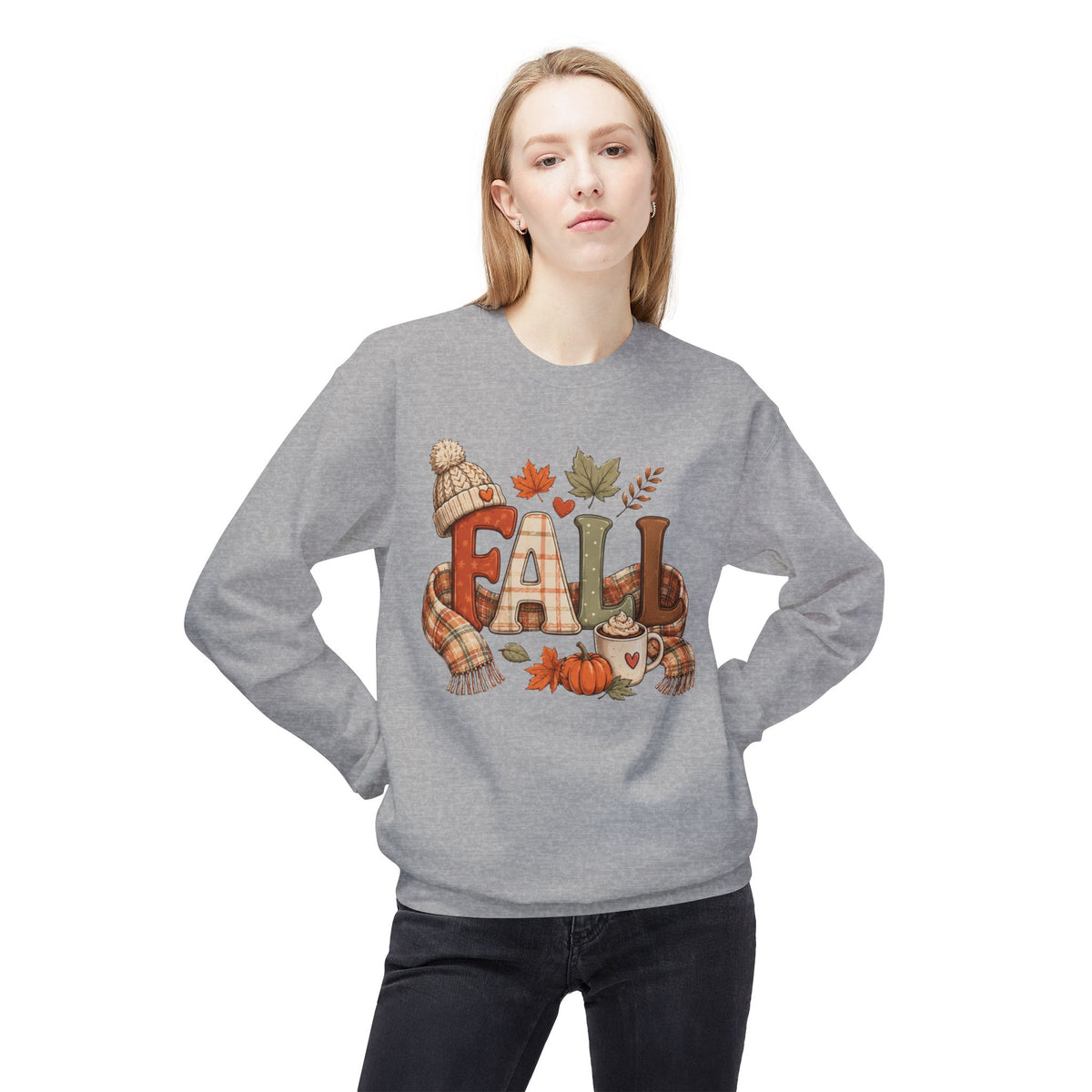 Fall Cozy Sweatshirt — Autumn Leaves, Pumpkin & Hot Cocoa Crewneck