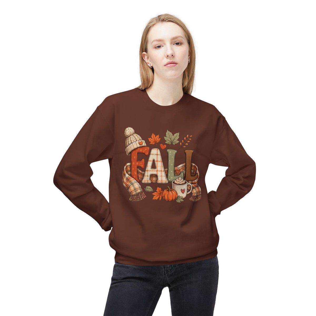 Fall Cozy Sweatshirt — Autumn Leaves, Pumpkin & Hot Cocoa Crewneck