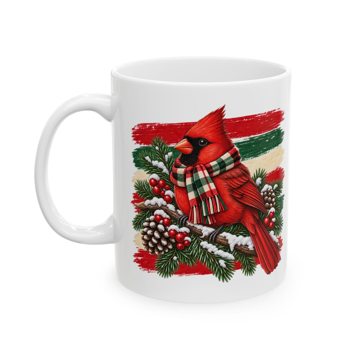 Christmas Cardinal Ceramic Mug – Festive Pinecone & Berry Holiday Coffee Cup 11oz