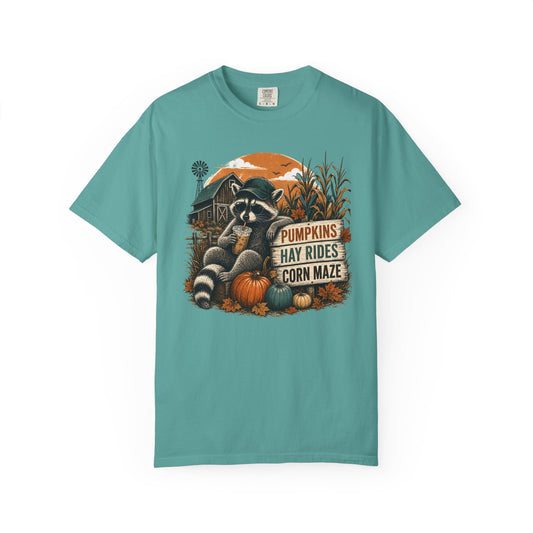 Fall Farm Tee — Raccoon Pumpkins, Hay Rides & Corn Maze Graphic T-Shirt