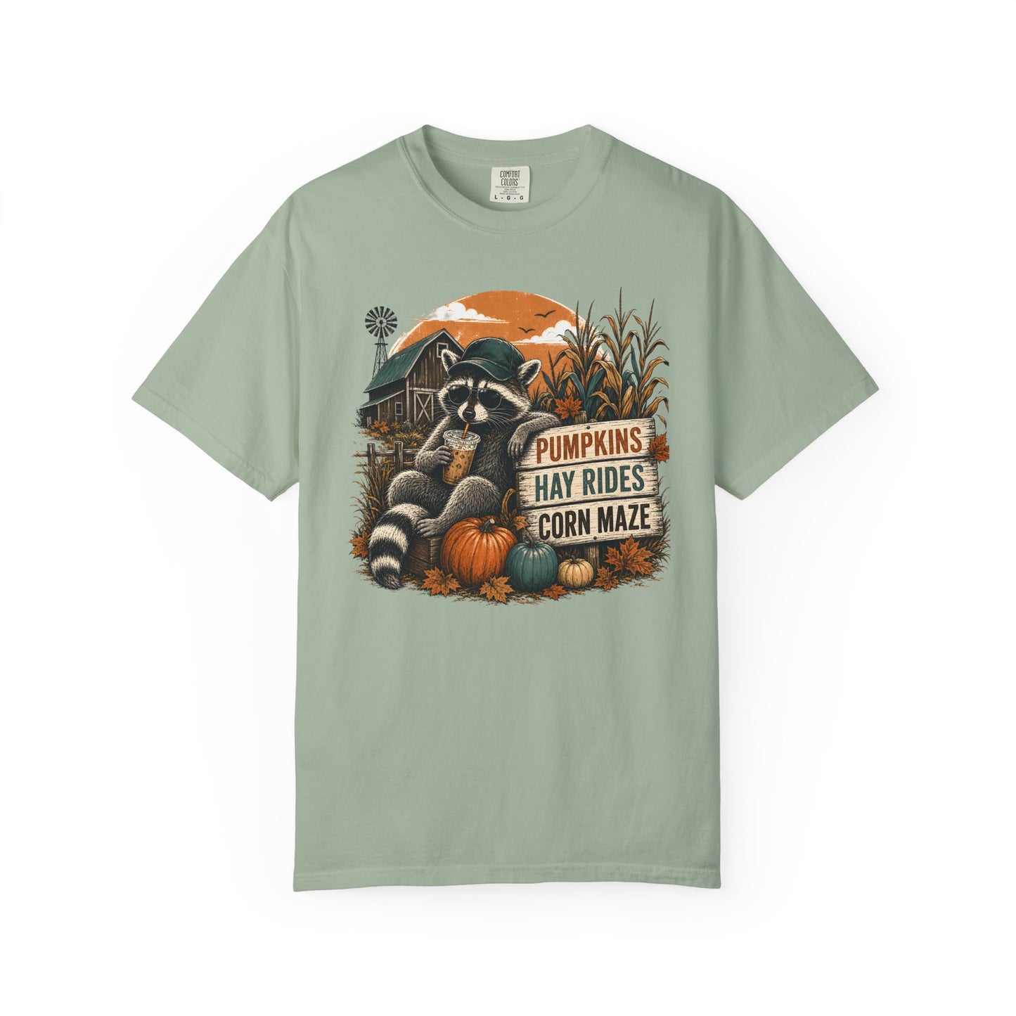 Fall Farm Tee — Raccoon Pumpkins, Hay Rides & Corn Maze Graphic T-Shirt