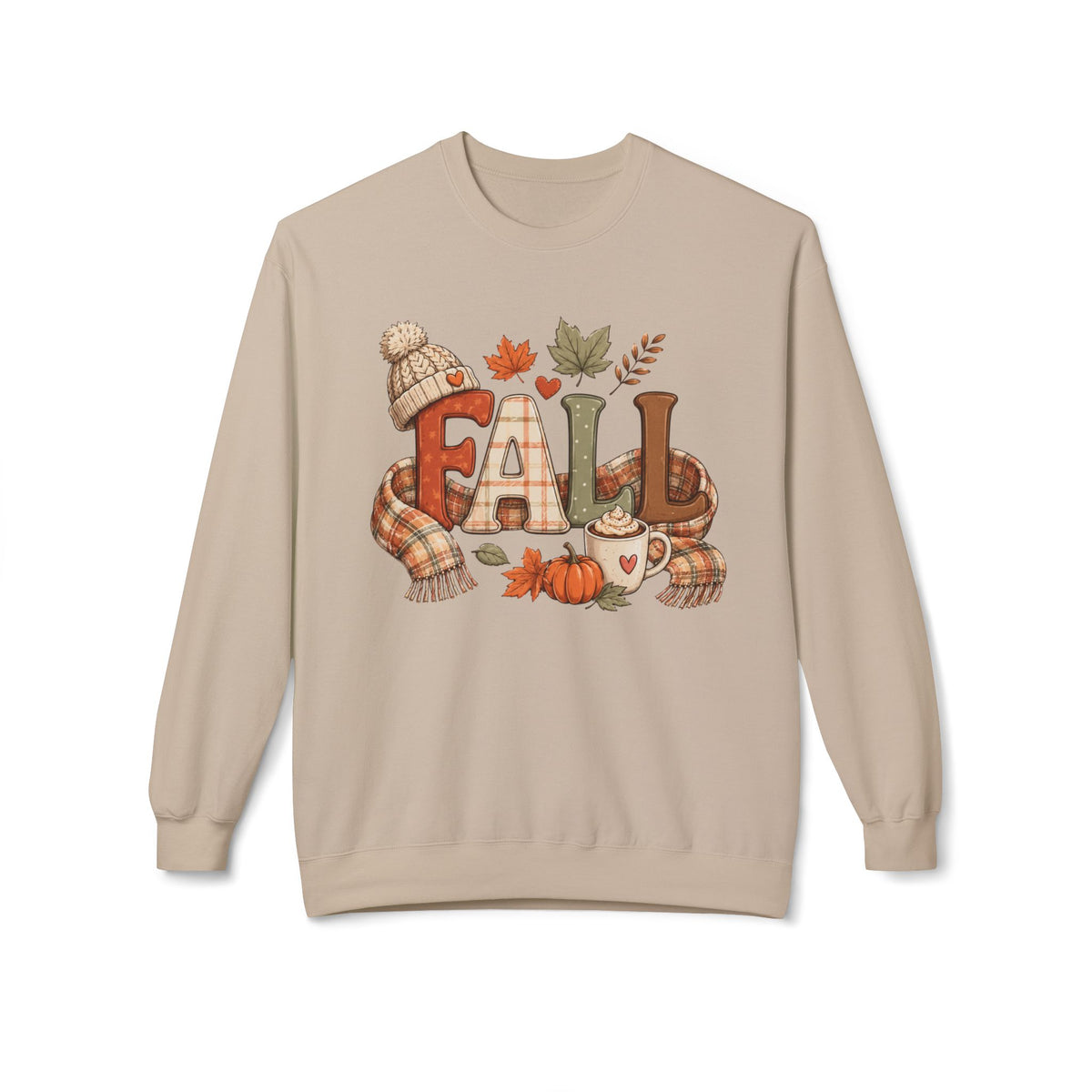 Fall Cozy Sweatshirt — Autumn Leaves, Pumpkin & Hot Cocoa Crewneck