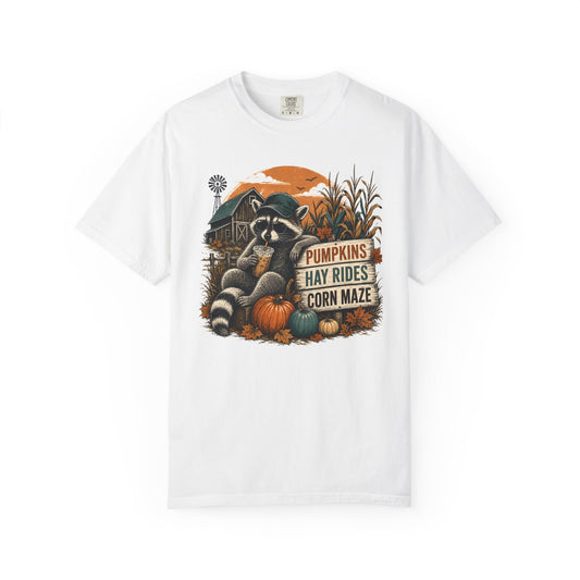 Fall Farm Tee — Raccoon Pumpkins, Hay Rides & Corn Maze Graphic T-Shirt