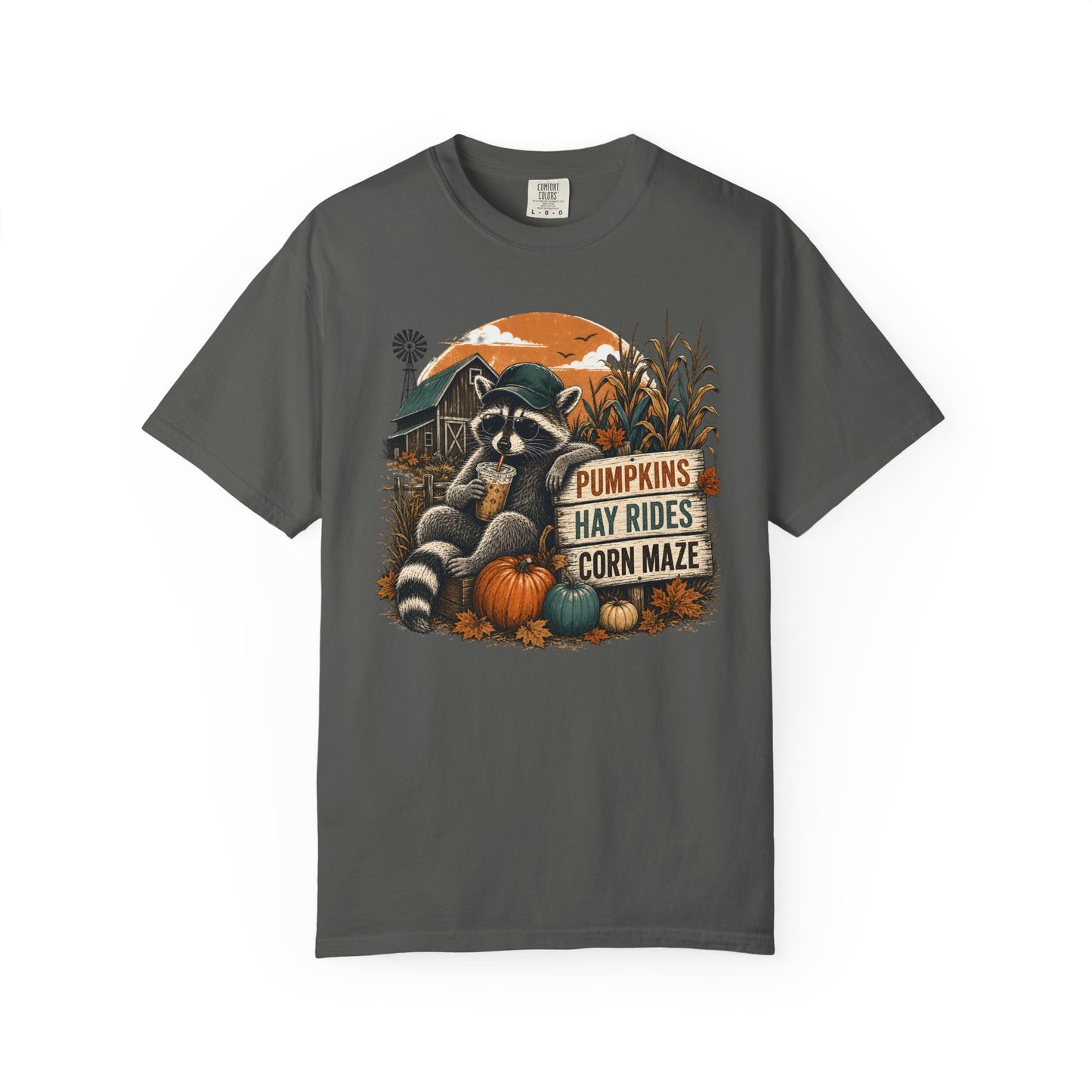 Fall Farm Tee — Raccoon Pumpkins, Hay Rides & Corn Maze Graphic T-Shirt