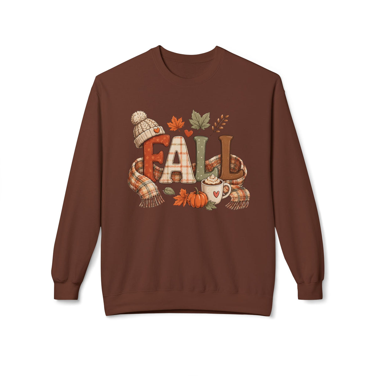 Fall Cozy Sweatshirt — Autumn Leaves, Pumpkin & Hot Cocoa Crewneck