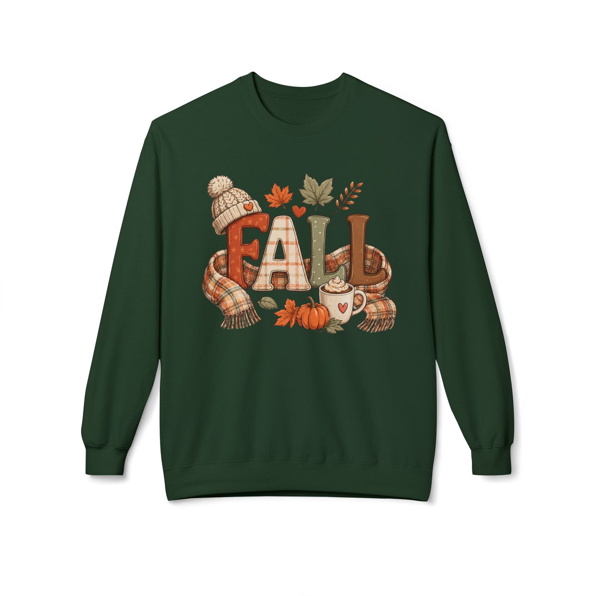 Fall Cozy Sweatshirt — Autumn Leaves, Pumpkin & Hot Cocoa Crewneck