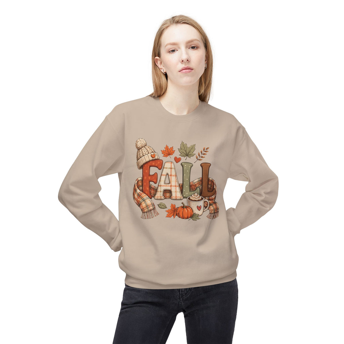 Fall Cozy Sweatshirt — Autumn Leaves, Pumpkin & Hot Cocoa Crewneck