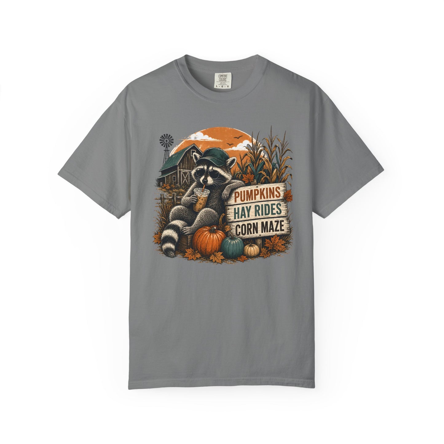 Fall Farm Tee — Raccoon Pumpkins, Hay Rides & Corn Maze Graphic T-Shirt