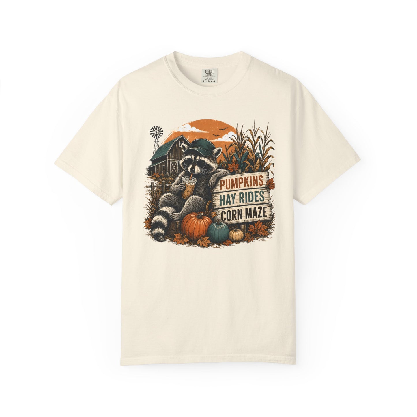 Fall Farm Tee — Raccoon Pumpkins, Hay Rides & Corn Maze Graphic T-Shirt