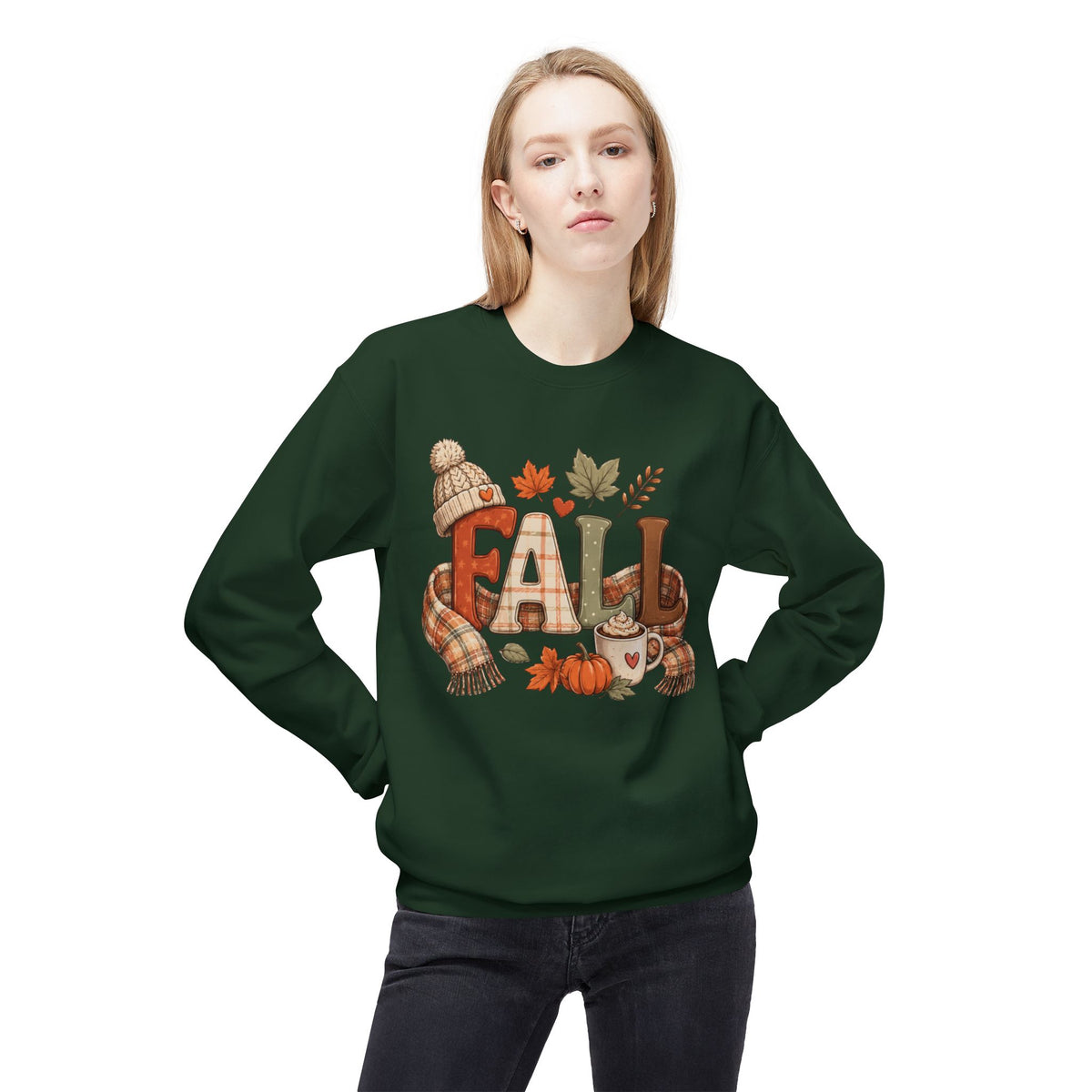 Fall Cozy Sweatshirt — Autumn Leaves, Pumpkin & Hot Cocoa Crewneck
