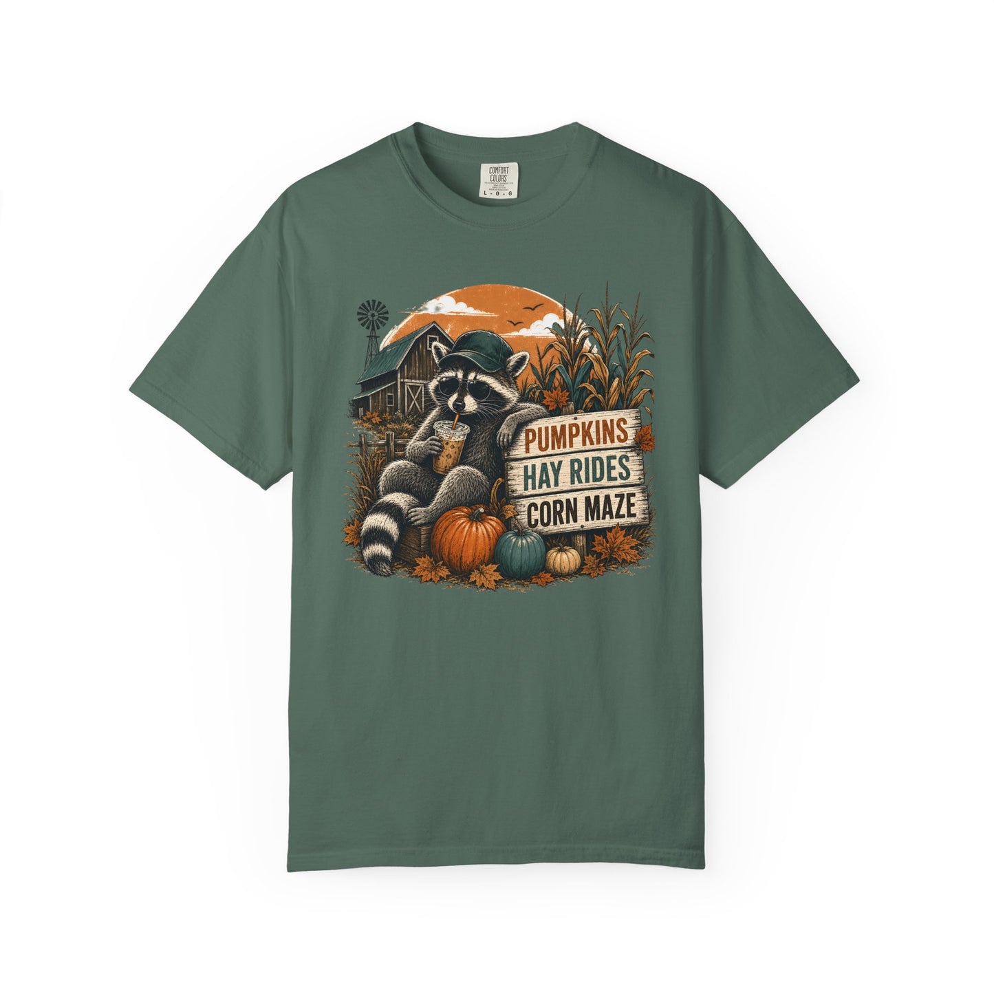 Fall Farm Tee — Raccoon Pumpkins, Hay Rides & Corn Maze Graphic T-Shirt